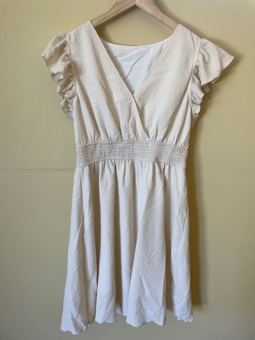 Cream Textured Flutter Sleeve Wrap Dress